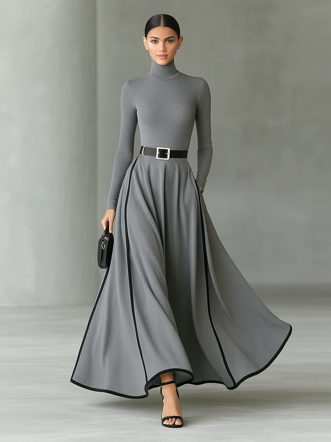 Black Stitching White Trim High Collar Long Sleeve Maxi Dress for Women