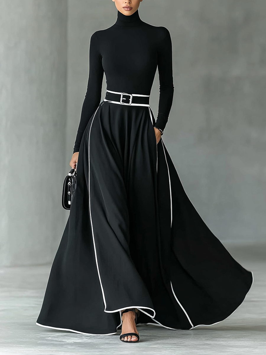 Black Stitching White Trim High Collar Long Sleeve Maxi Dress for Women