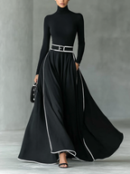 Black Stitching White Trim High Collar Long Sleeve Maxi Dress for Women