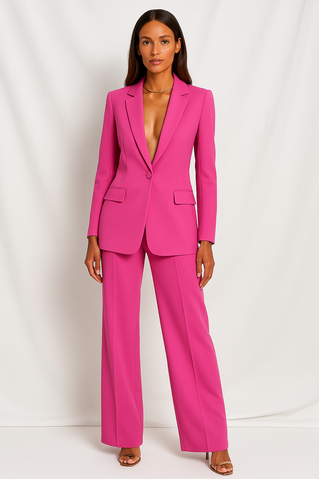 Women's Tailored Blazer and Wide-Leg Trousers Set - Chic Office Outfit in Lightweight Fabric