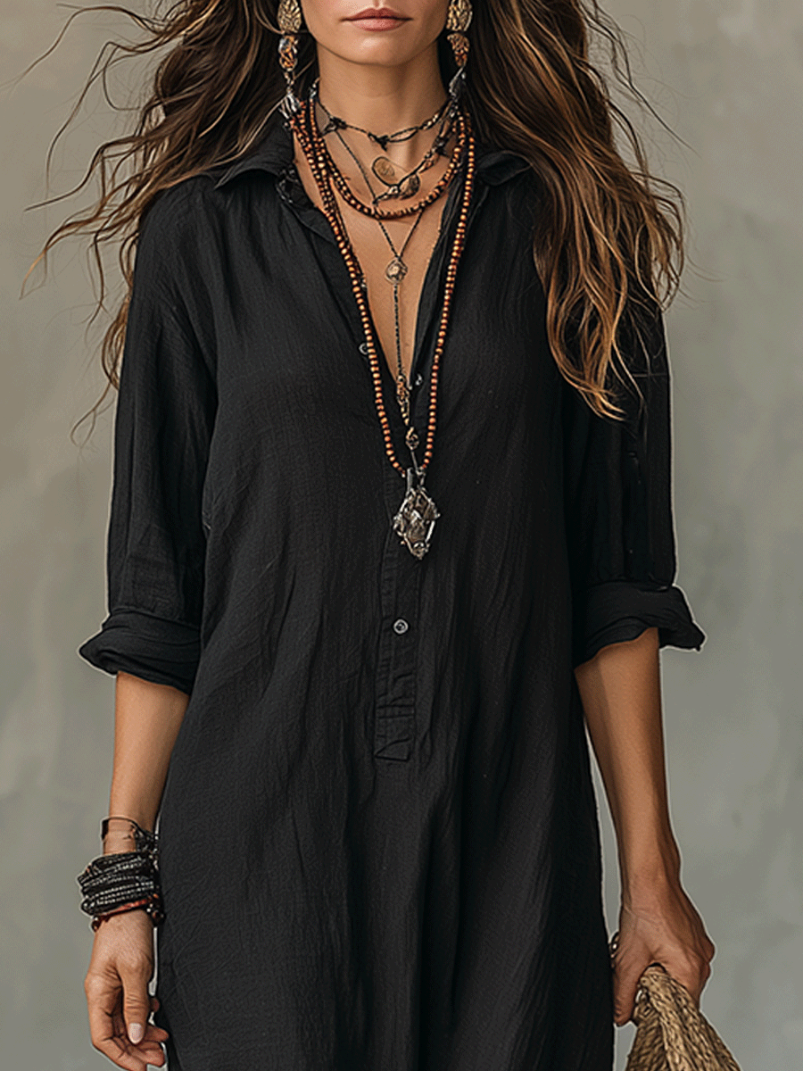 Bohemian Maxi Dress with Button Front - Black Cotton Casual Wear