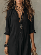 Bohemian Maxi Dress with Button Front - Black Cotton Casual Wear