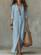 Bohemian Maxi Dress with Button Front - Black Cotton Casual Wear