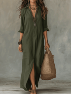 Bohemian Maxi Dress with Button Front - Black Cotton Casual Wear