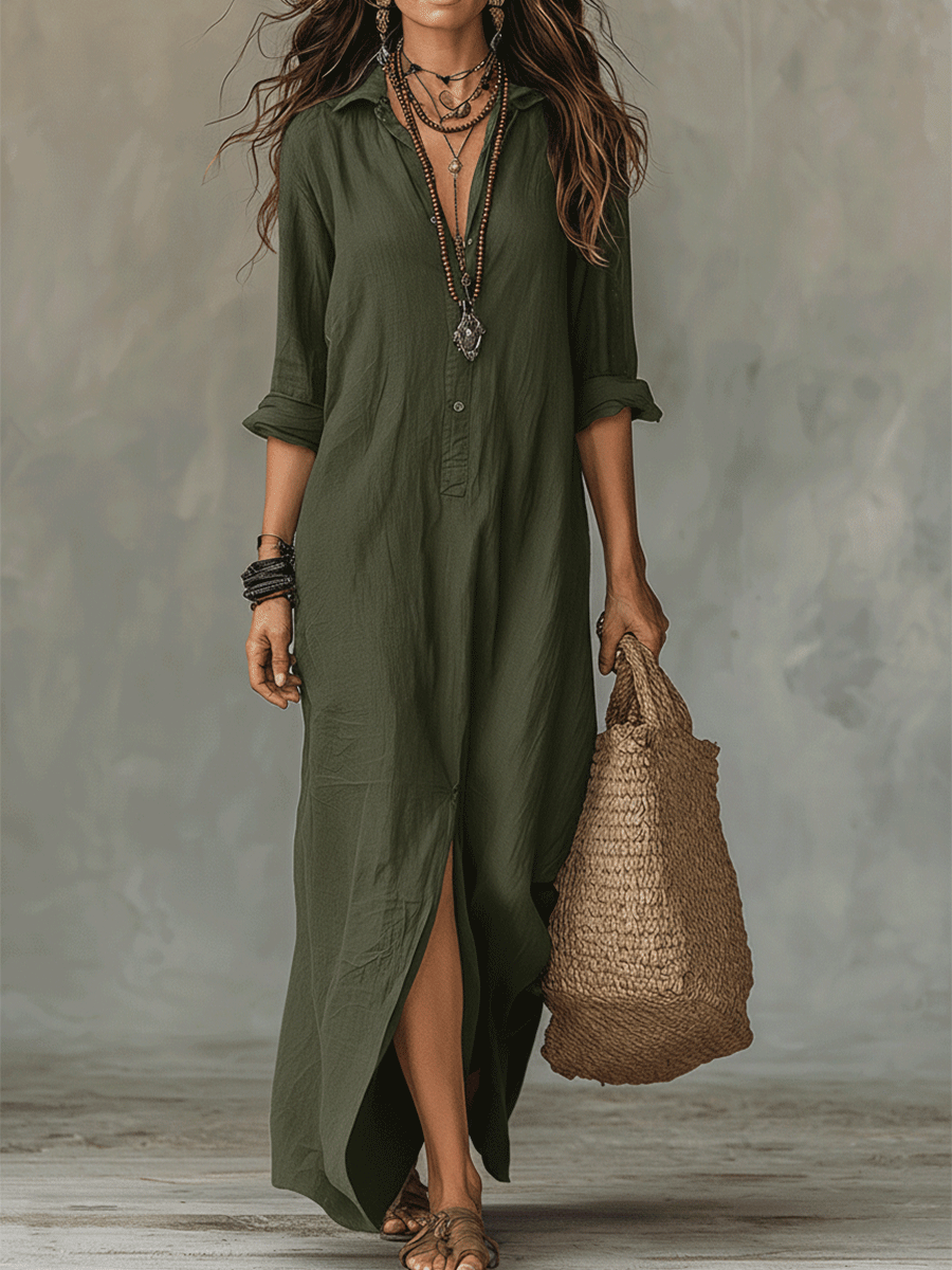Bohemian Maxi Dress with Button Front - Black Cotton Casual Wear