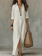 Bohemian Maxi Dress with Button Front - Black Cotton Casual Wear