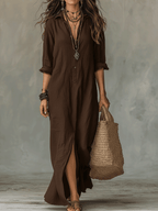 Bohemian Maxi Dress with Button Front - Black Cotton Casual Wear