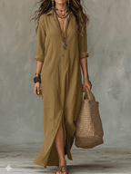Bohemian Maxi Dress with Button Front - Black Cotton Casual Wear