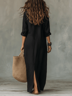 Bohemian Maxi Dress with Button Front - Black Cotton Casual Wear