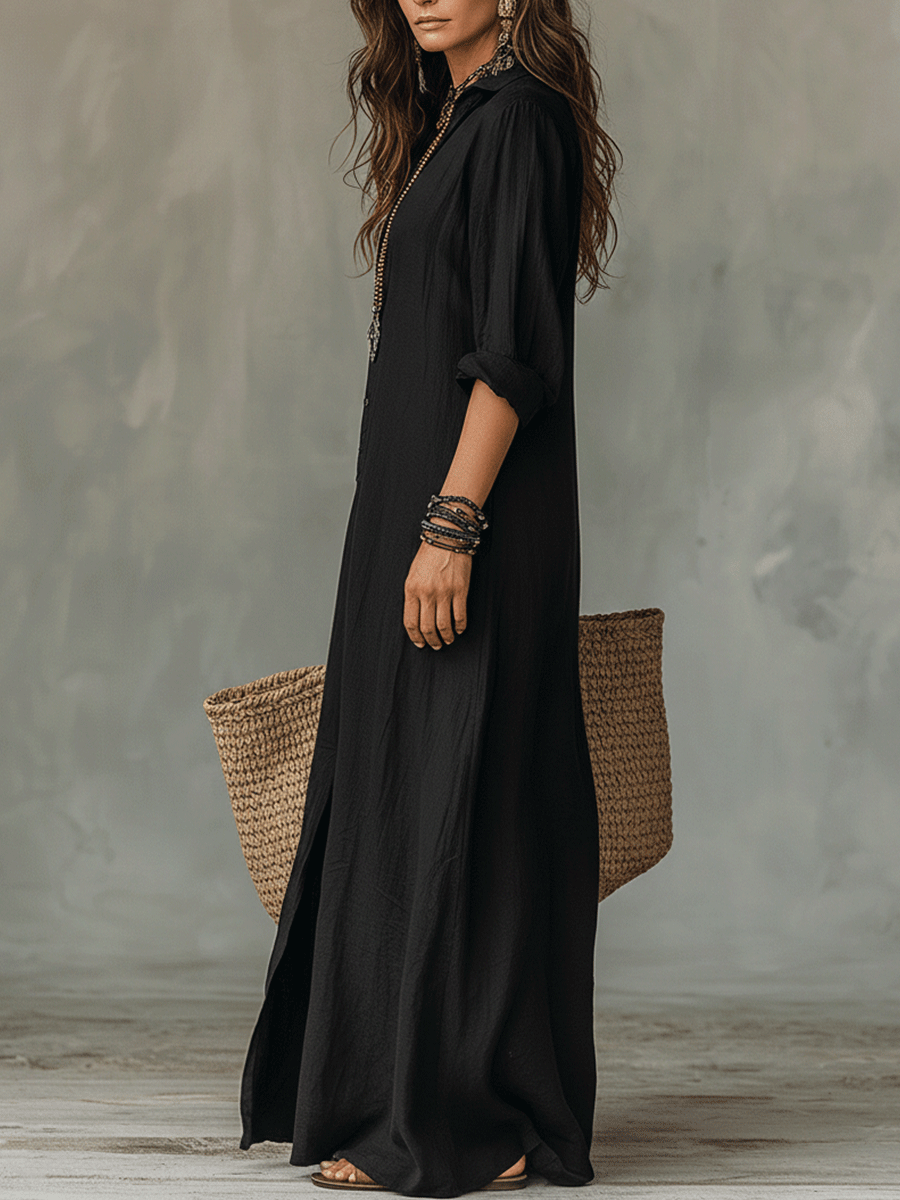 Bohemian Maxi Dress with Button Front - Black Cotton Casual Wear