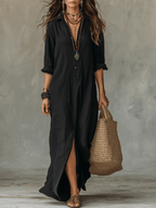 Bohemian Maxi Dress with Button Front - Black Cotton Casual Wear