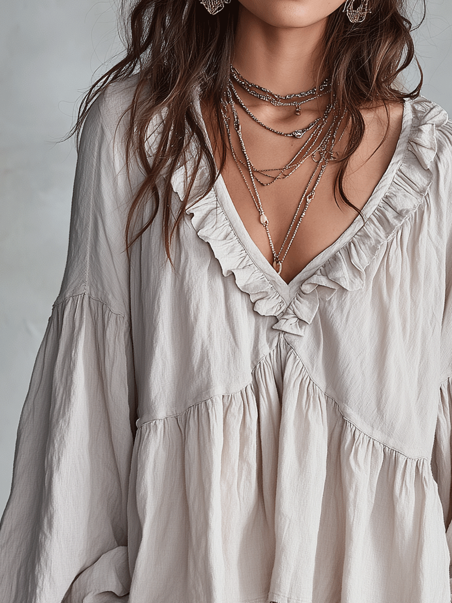Bohemian Ruffle Blouse in Soft Fabric - Vintage-Inspired Women's Top