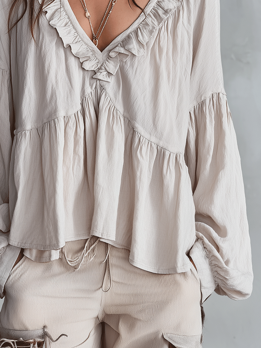 Bohemian Ruffle Blouse in Soft Fabric - Vintage-Inspired Women's Top
