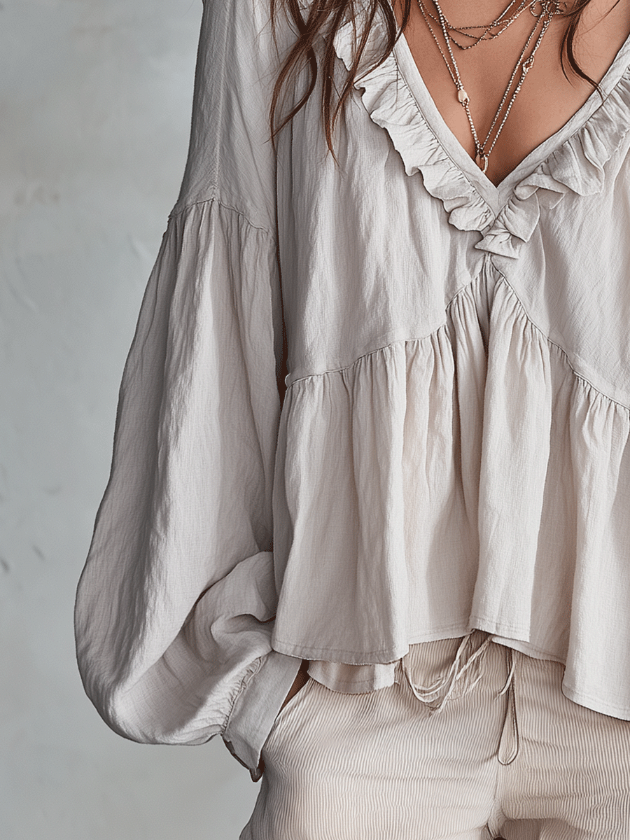 Bohemian Ruffle Blouse in Soft Fabric - Vintage-Inspired Women's Top