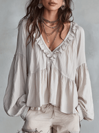 Bohemian Ruffle Blouse in Soft Fabric - Vintage-Inspired Women's Top