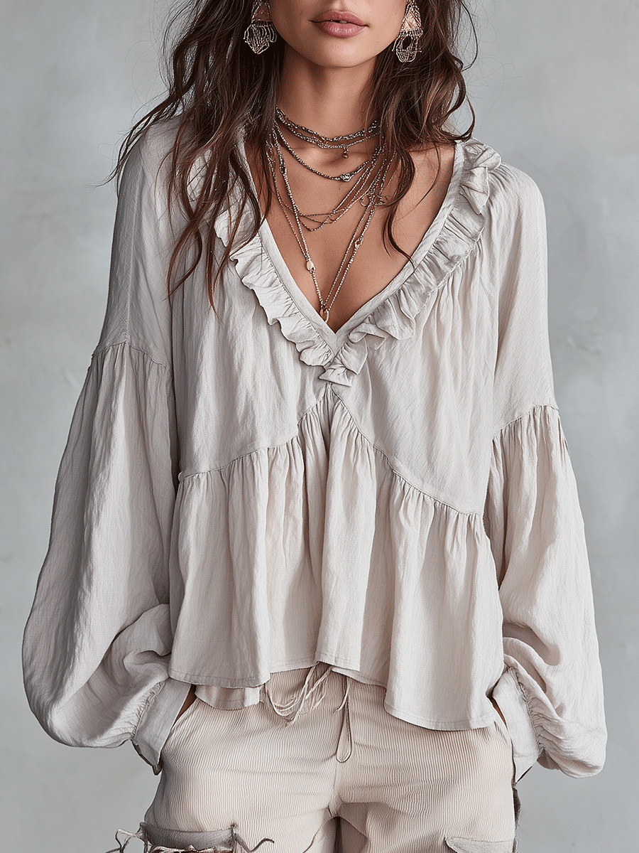 Bohemian Ruffle Blouse in Soft Fabric - Vintage-Inspired Women's Top