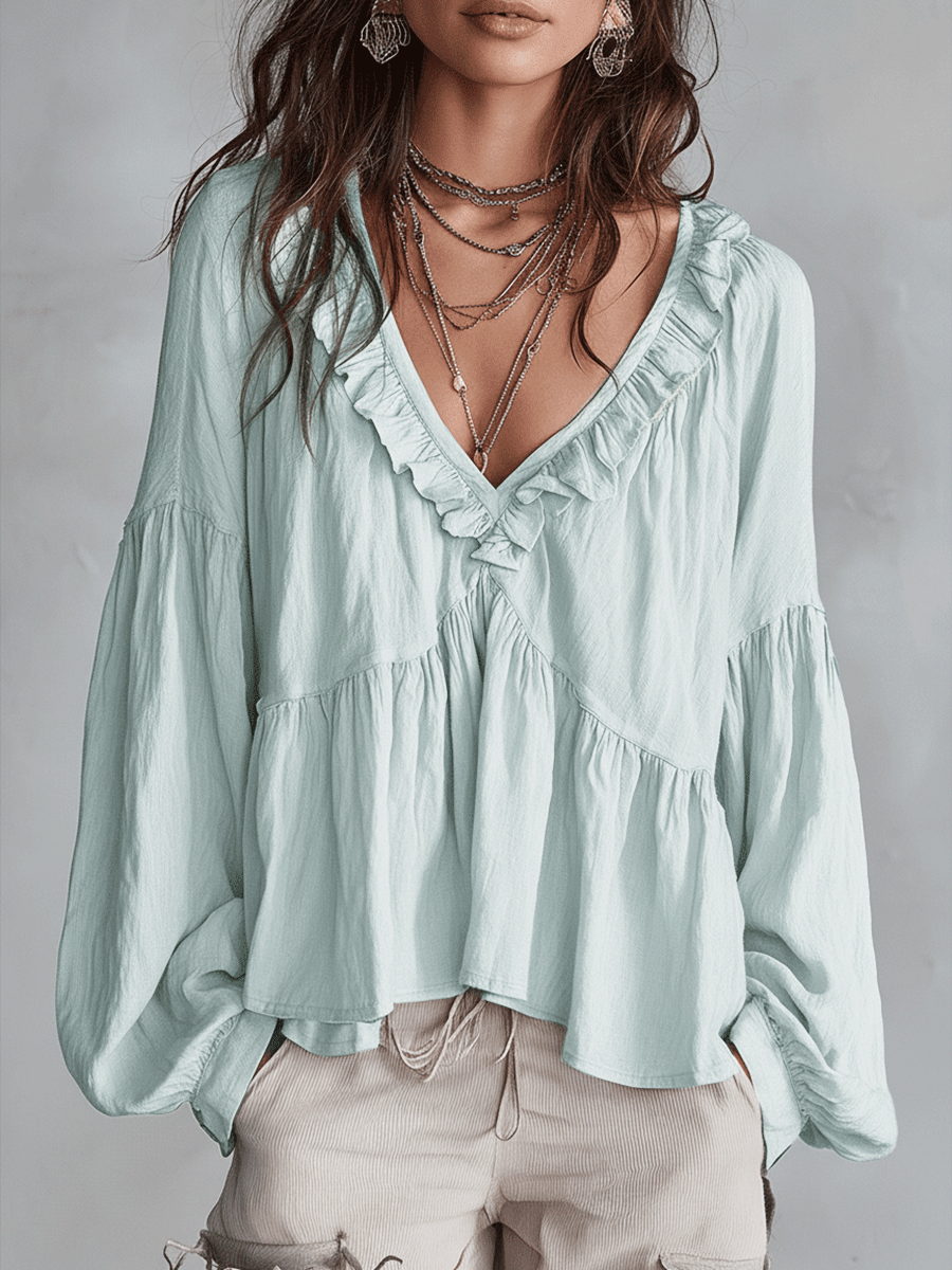Bohemian Ruffle Blouse in Soft Fabric - Vintage-Inspired Women's Top