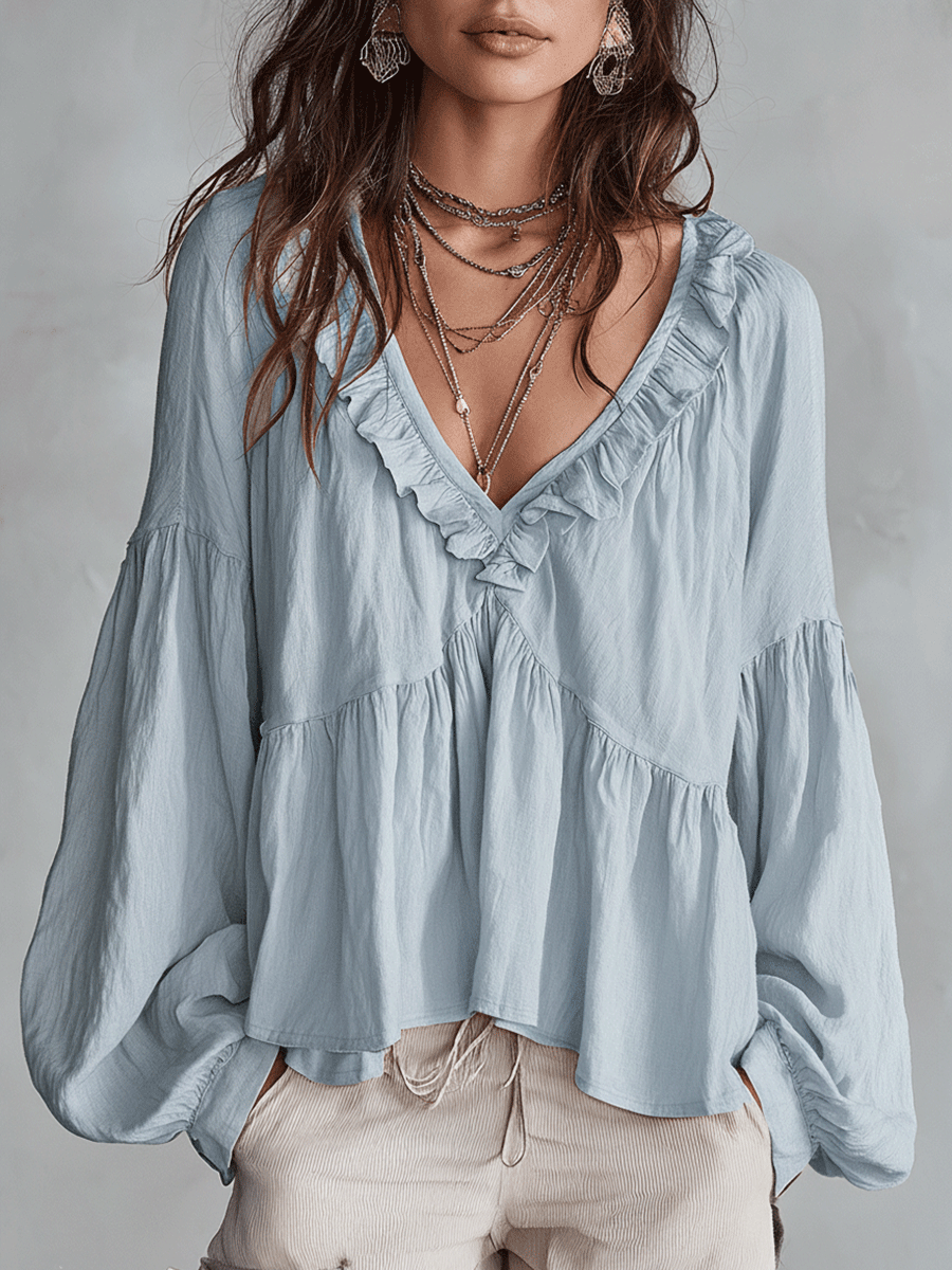 Bohemian Ruffle Blouse in Soft Fabric - Vintage-Inspired Women's Top