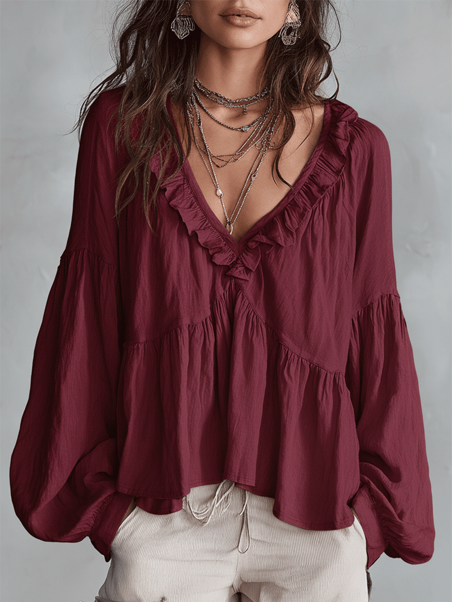 Bohemian Ruffle Blouse in Soft Fabric - Vintage-Inspired Women's Top