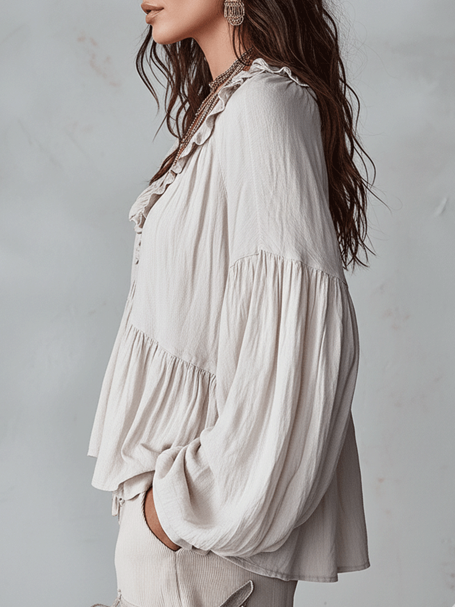 Bohemian Ruffle Blouse in Soft Fabric - Vintage-Inspired Women's Top