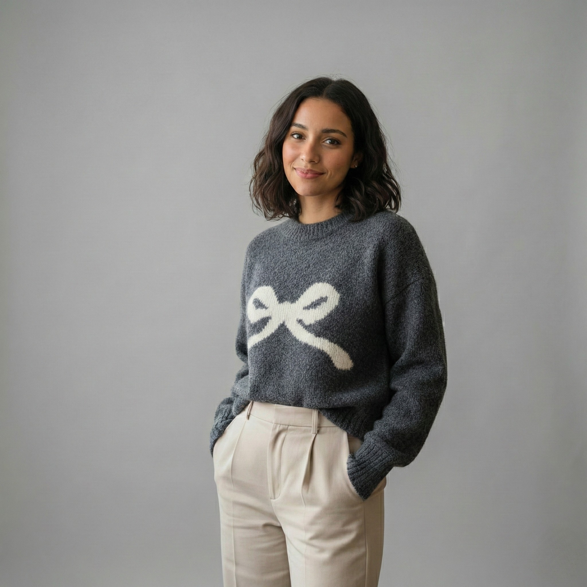 Bow Detail Knit Pullover Sweater - Preppy Style for Casual Wear
