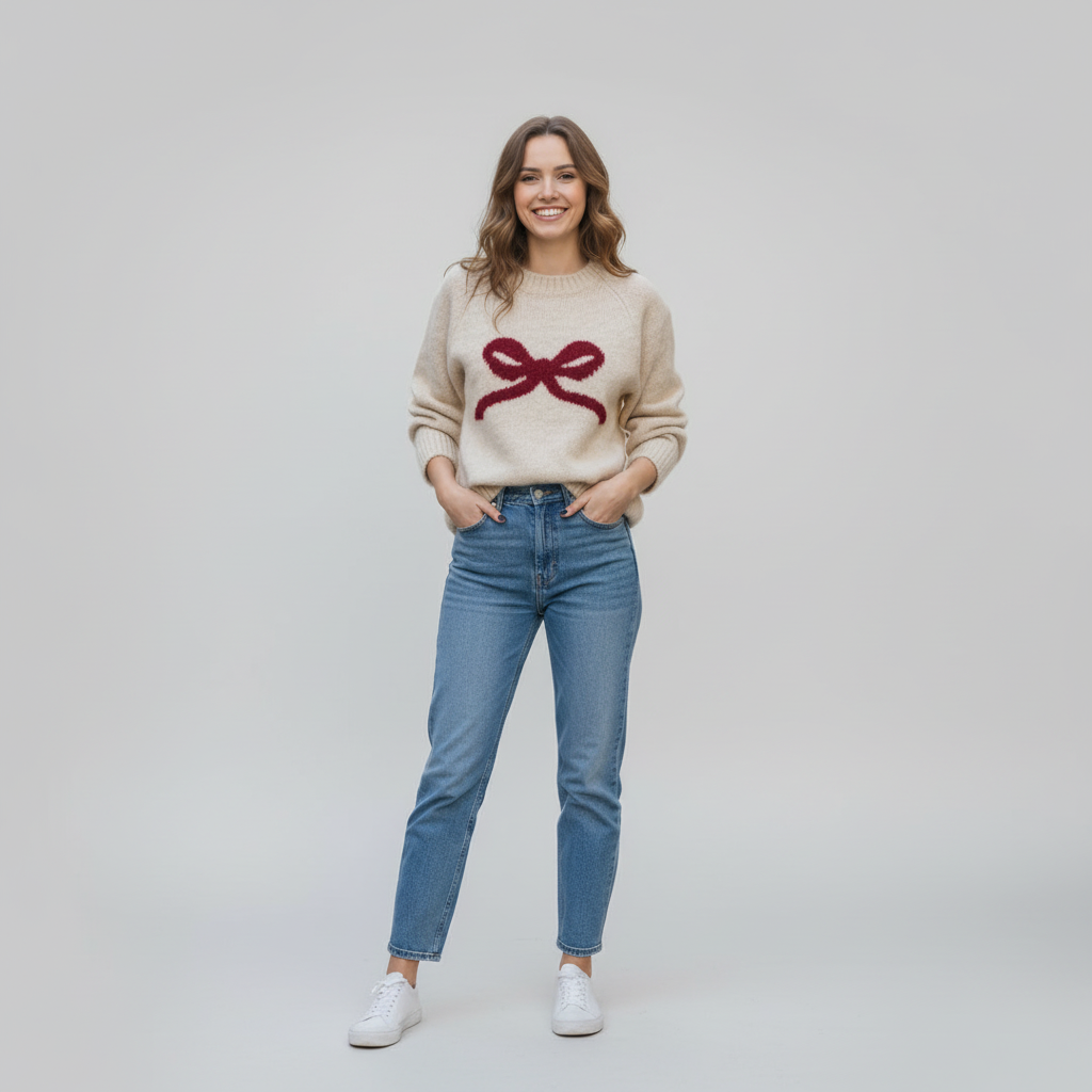 Bow Detail Knit Pullover Sweater - Preppy Style for Casual Wear