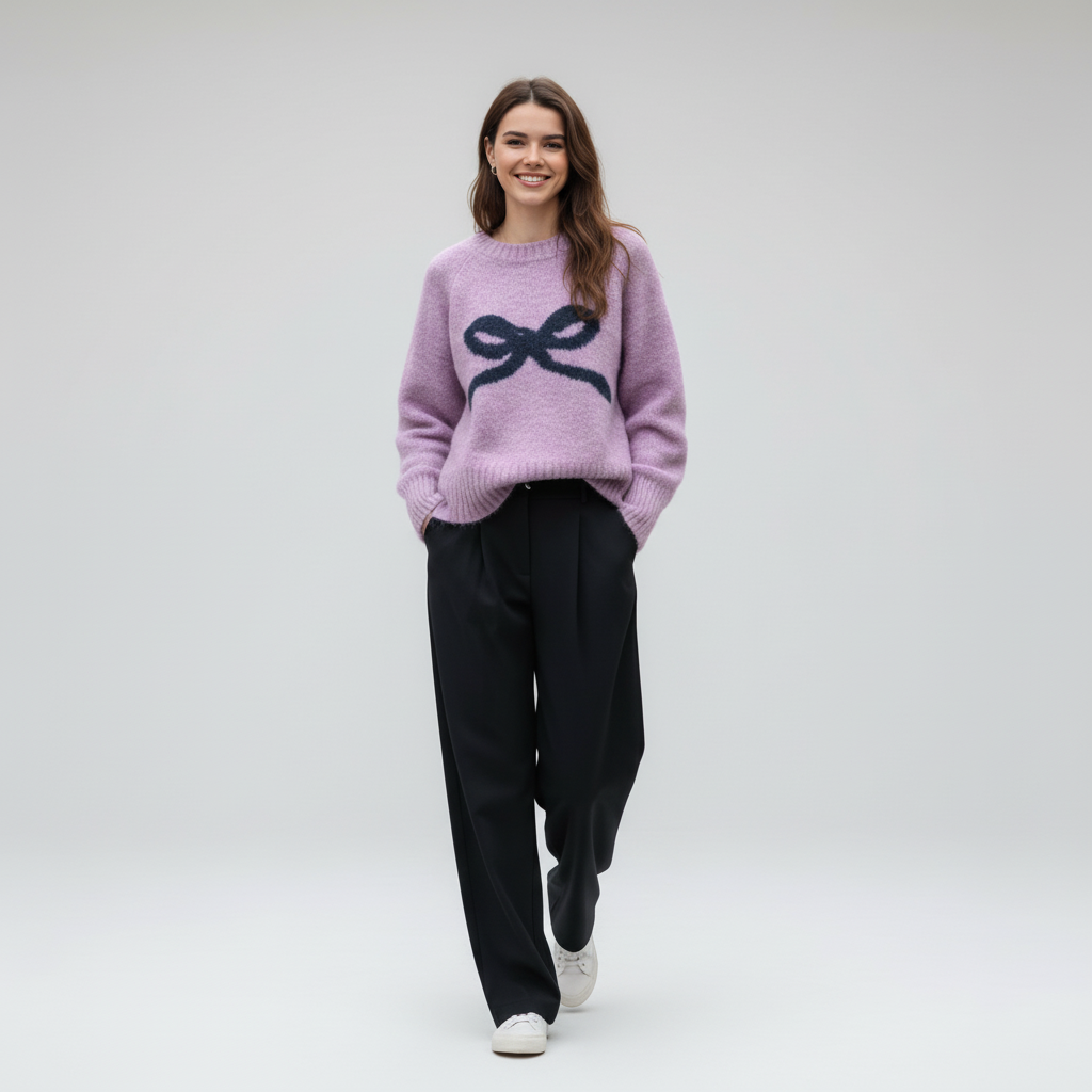 Bow Detail Knit Pullover Sweater - Preppy Style for Casual Wear
