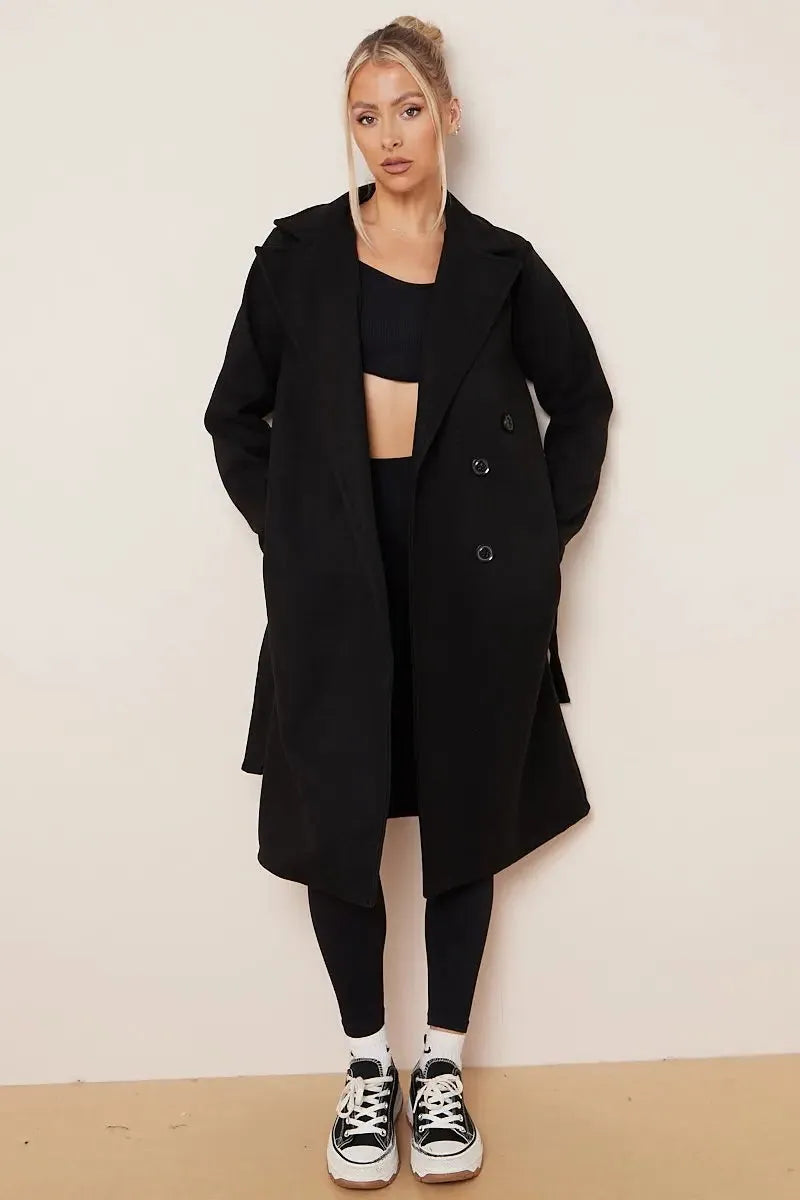 Classic Wool Belted Coat for Women Black