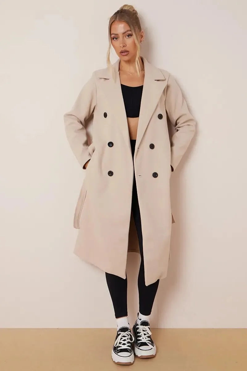 Classic Wool Belted Coat for Women Beige