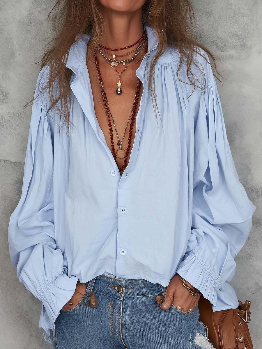 Cotton Blouse with Ruffle Cuffs for Casual or Office Wear
