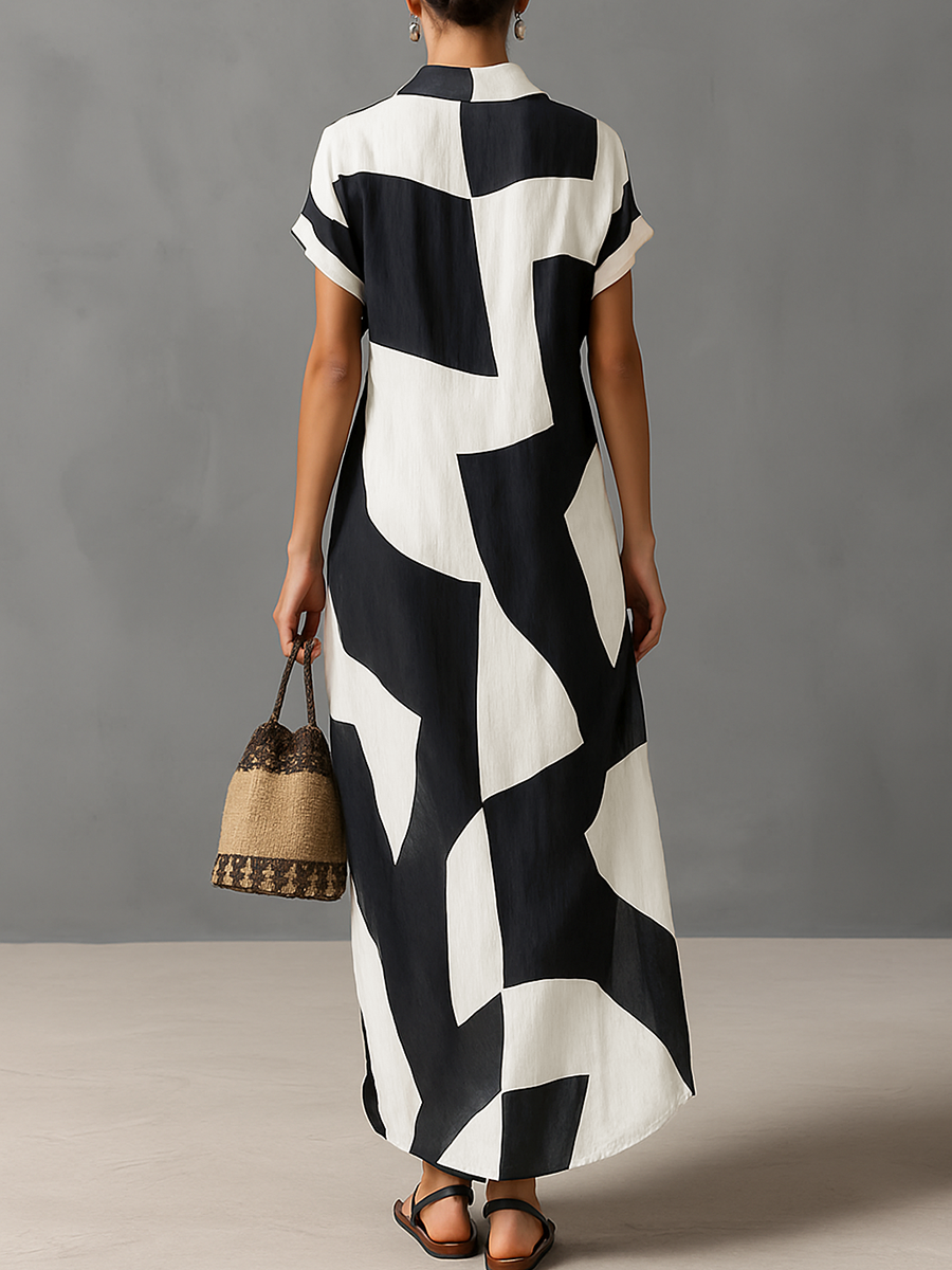 Cotton-Linen Blend Geometric Print Short-Sleeved Maxi Shirt Dress for Women