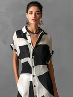 Cotton-Linen Blend Geometric Print Short-Sleeved Maxi Shirt Dress for Women