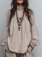 Cotton Linen Blouse with Lace Trim, Pleated Design for Casual Wear