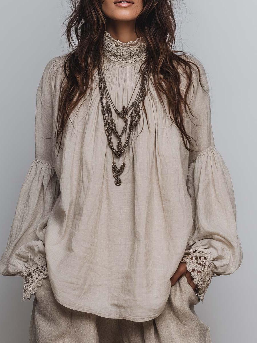 Cotton Linen Blouse with Lace Trim, Pleated Design for Casual Wear