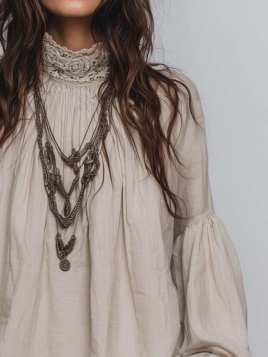 Cotton Linen Blouse with Lace Trim, Pleated Design for Casual Wear