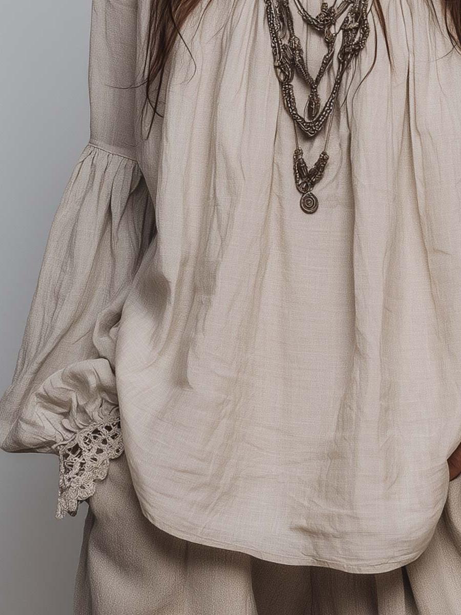Cotton Linen Blouse with Lace Trim, Pleated Design for Casual Wear
