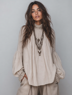 Cotton Linen Blouse with Lace Trim, Pleated Design for Casual Wear