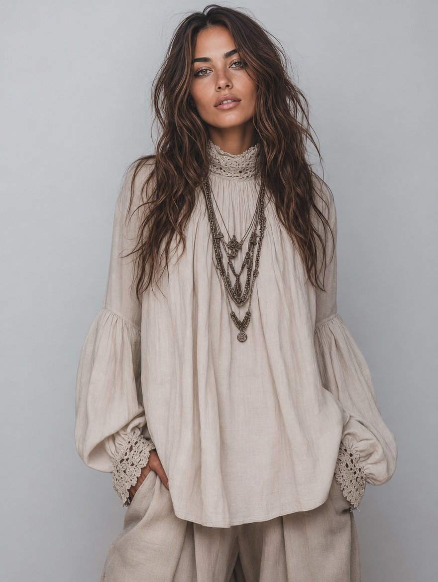 Cotton Linen Blouse with Lace Trim, Pleated Design for Casual Wear