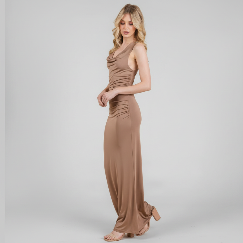 Cowl Neck Maxi Dress with Shirring Detail for Casual or Formal Wear