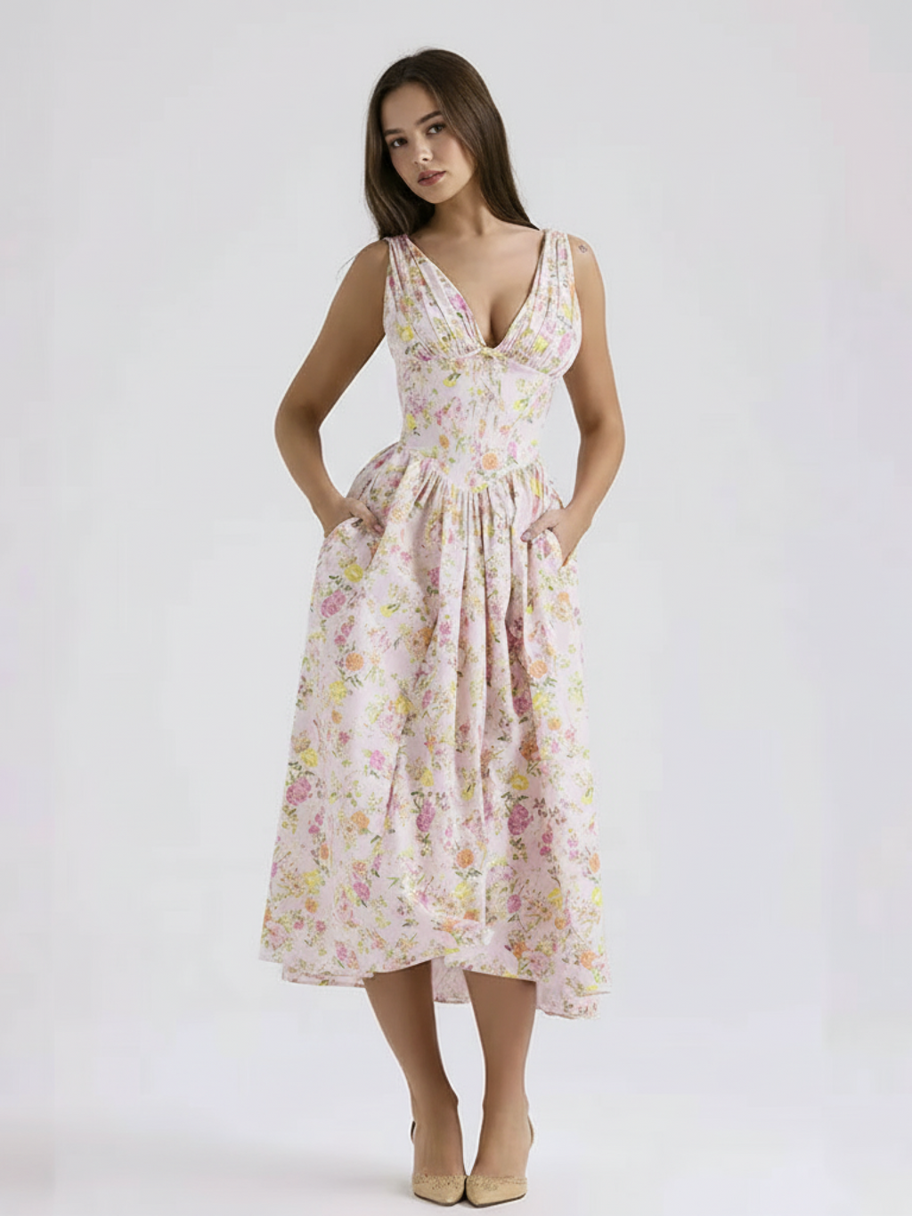 Deep V-Neck Midi Tank Dress for Women - Lightweight Fabric, Casual Style, Perfect for Summer Events and Everyday Wear