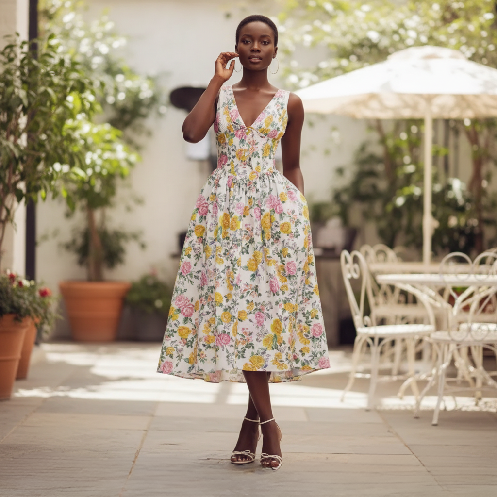 Deep V-Neck Midi Tank Dress for Women - Lightweight Fabric, Casual Style, Perfect for Summer Events and Everyday Wear