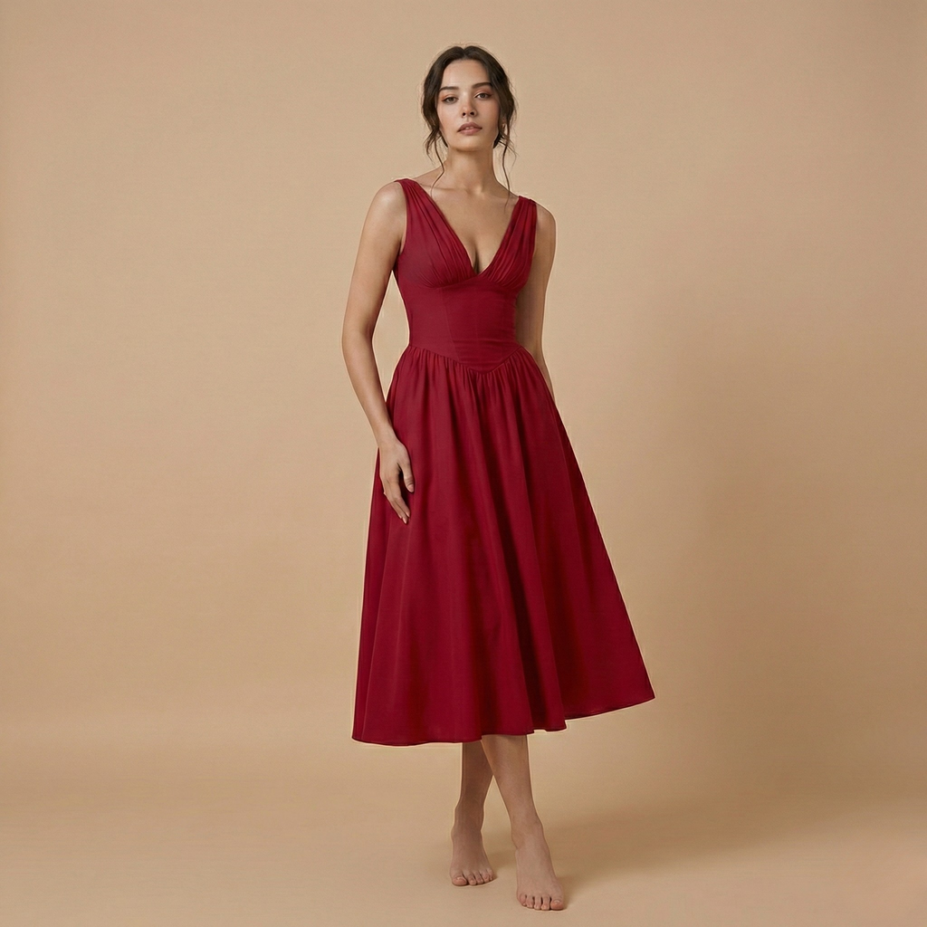 Deep V-Neck Midi Tank Dress for Women - Lightweight Fabric, Casual Style, Perfect for Summer Events and Everyday Wear