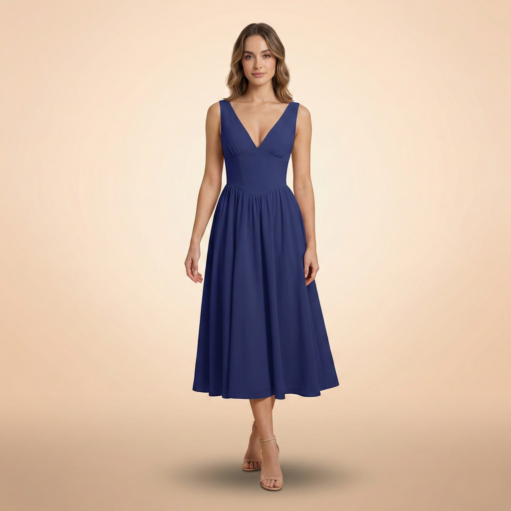 Deep V-Neck Midi Tank Dress for Women - Lightweight Fabric, Casual Style, Perfect for Summer Events and Everyday Wear