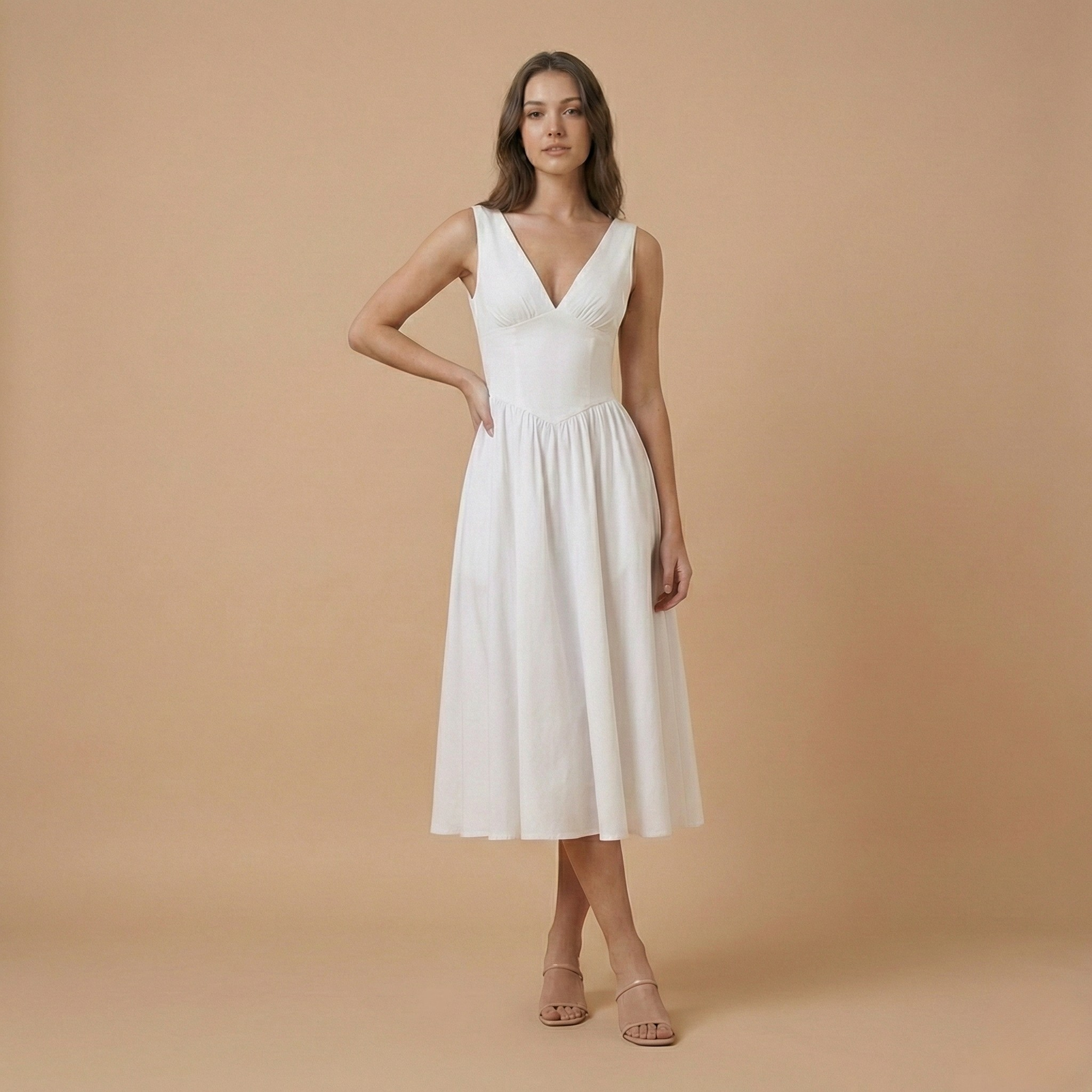 Deep V-Neck Midi Tank Dress for Women - Lightweight Fabric, Casual Style, Perfect for Summer Events and Everyday Wear