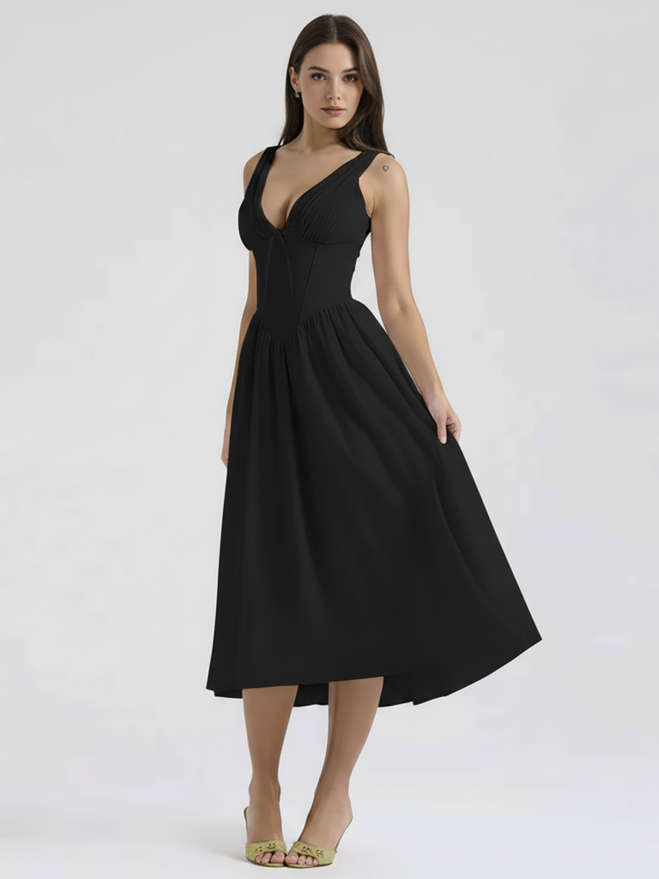 Deep V-Neck Midi Tank Dress for Women - Lightweight Fabric, Casual Style, Perfect for Summer Events and Everyday Wear