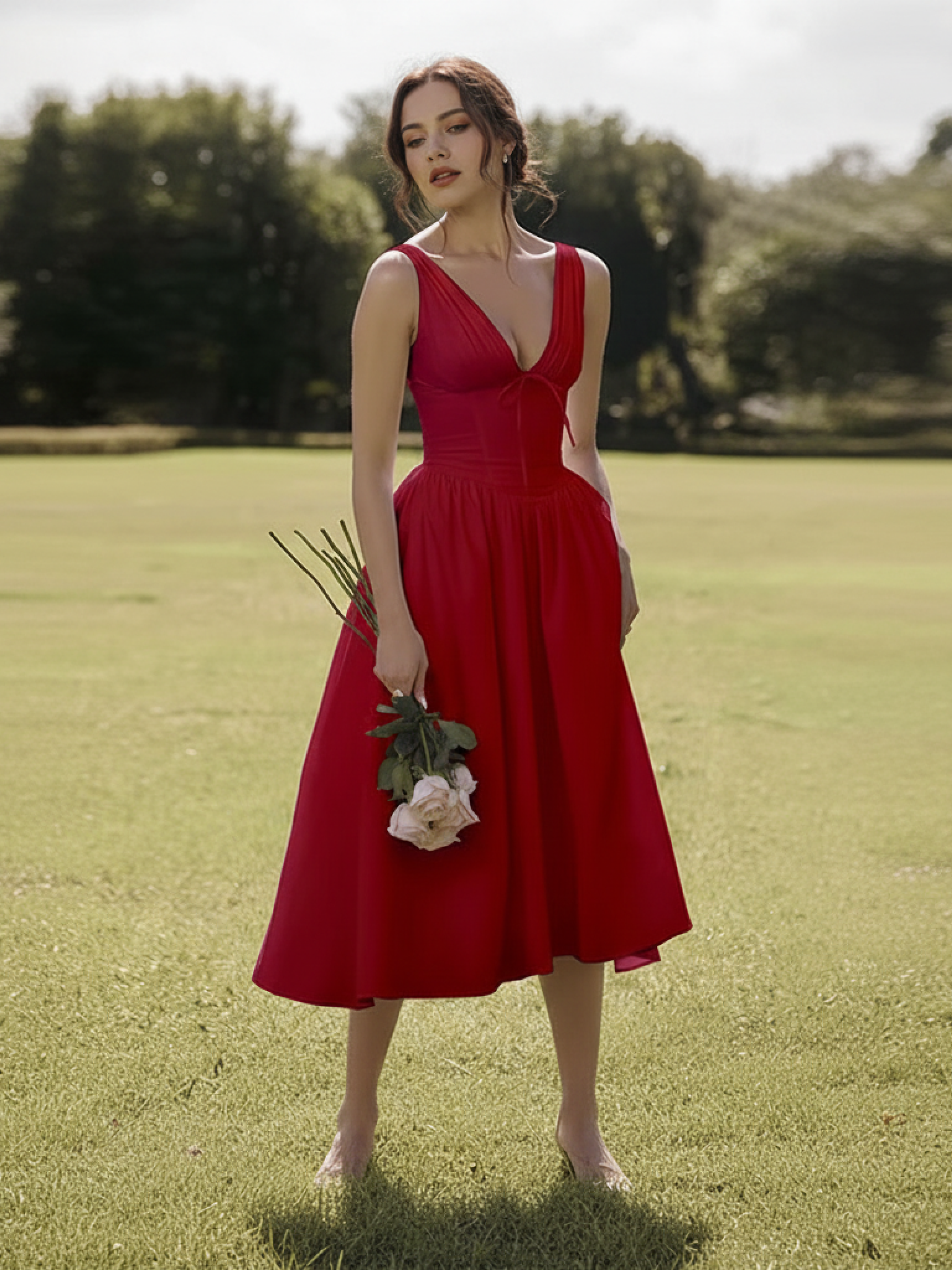 Deep V-Neck Midi Tank Dress for Women - Lightweight Fabric, Casual Style, Perfect for Summer Events and Everyday Wear