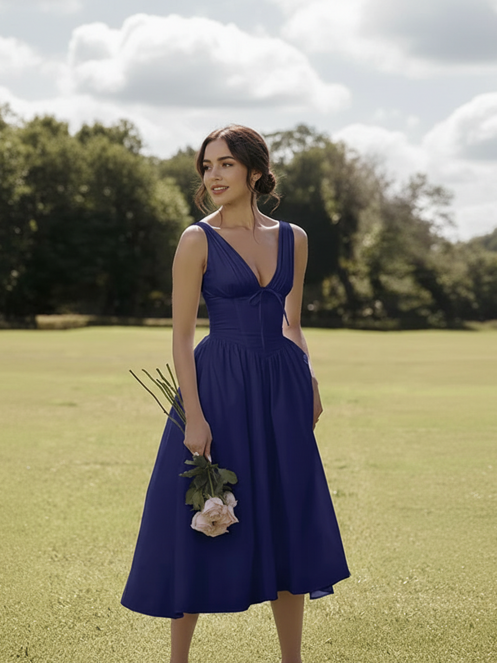 Deep V-Neck Midi Tank Dress for Women - Lightweight Fabric, Casual Style, Perfect for Summer Events and Everyday Wear