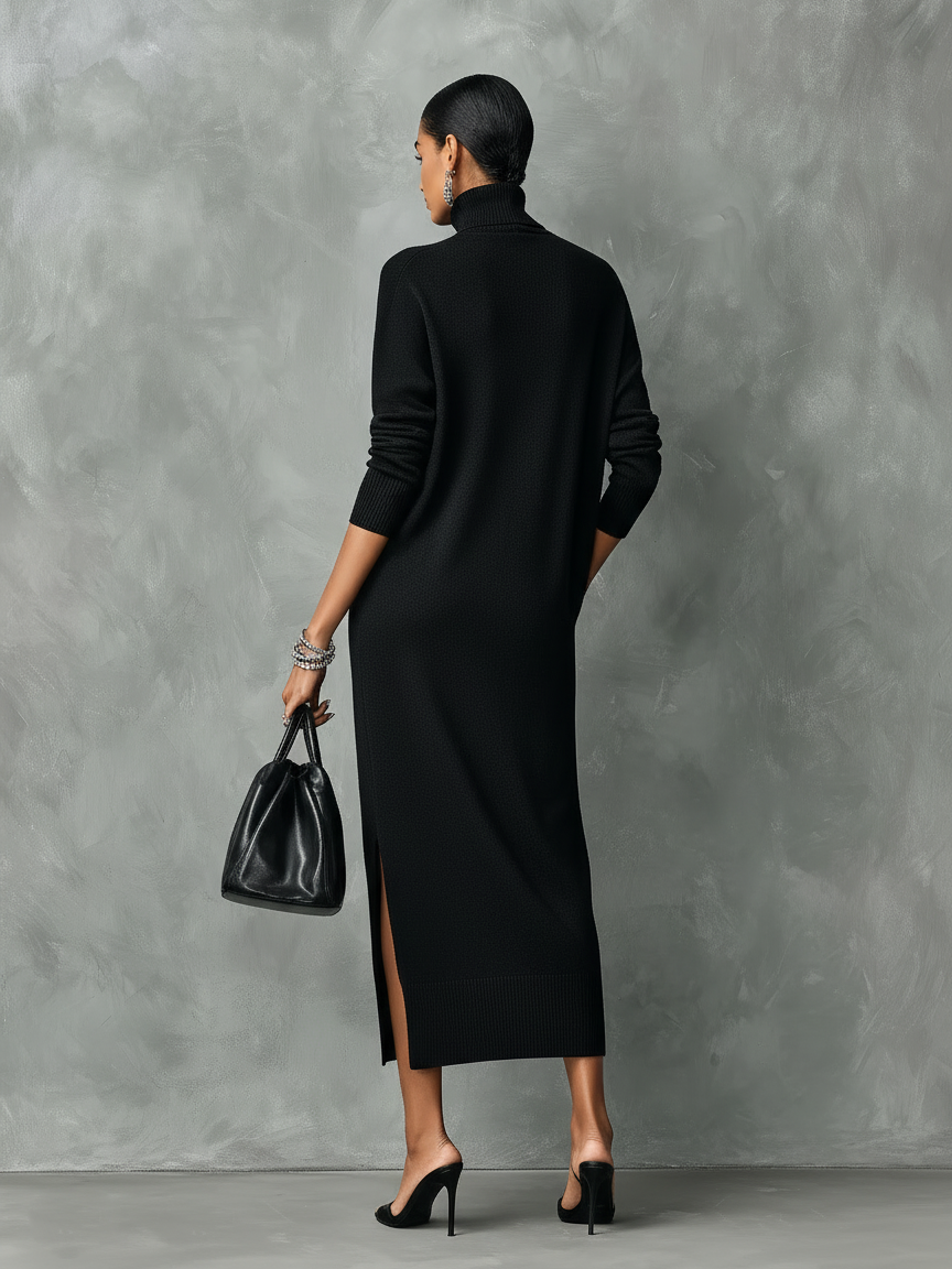 Elegant Black Knitted Turtleneck Midi Dress for Women - Long Sleeve, Loose Fit