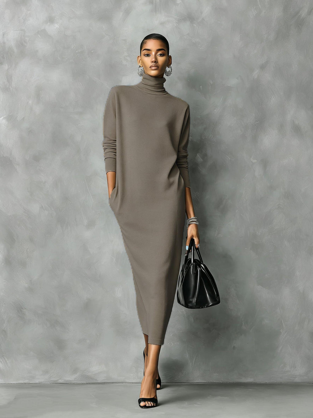 Elegant Black Knitted Turtleneck Midi Dress for Women - Long Sleeve, Loose Fit