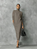 Elegant Black Knitted Turtleneck Midi Dress for Women - Long Sleeve, Loose Fit